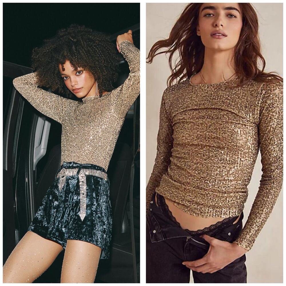 NWT Free People Gold Rush Long Sleeve Top Size Small Sequin Cocktail